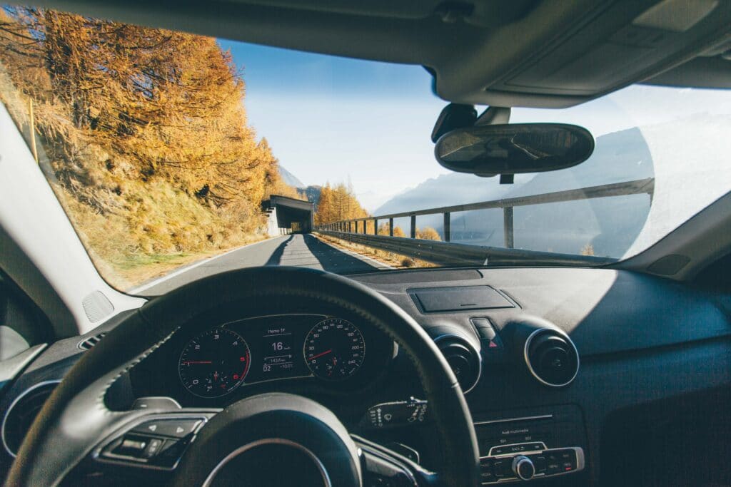 Interior view of car driving up hill