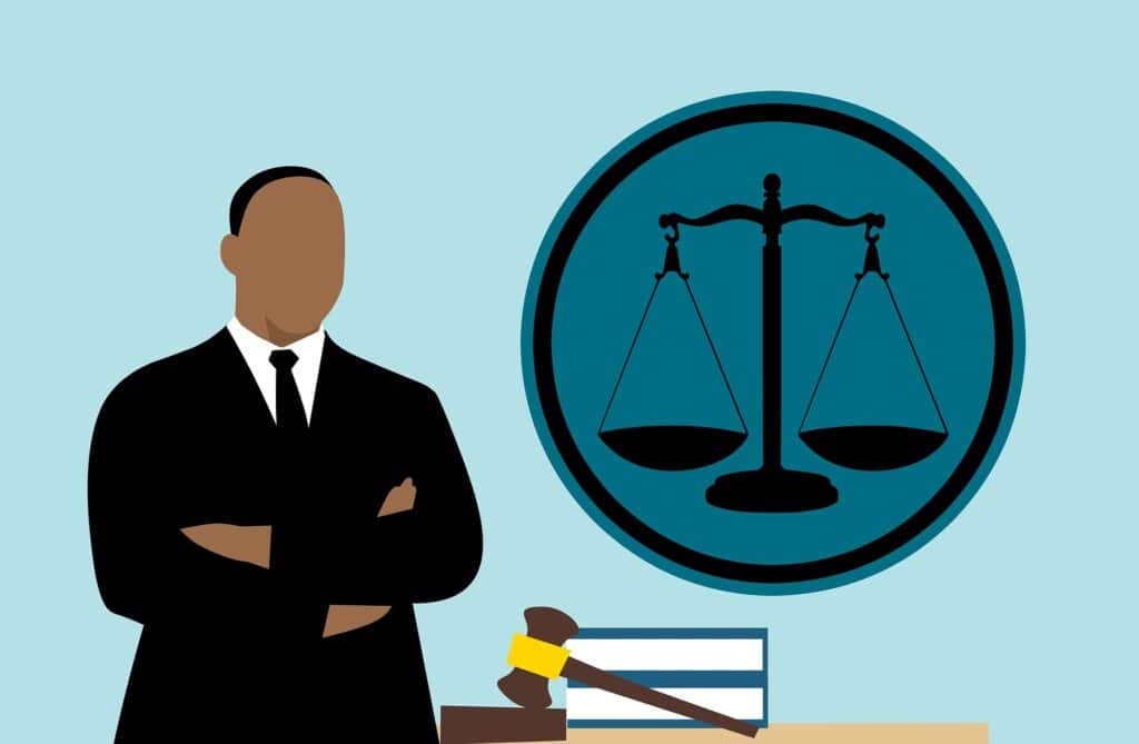 Cartoon of judge and scales of justice depicting trial